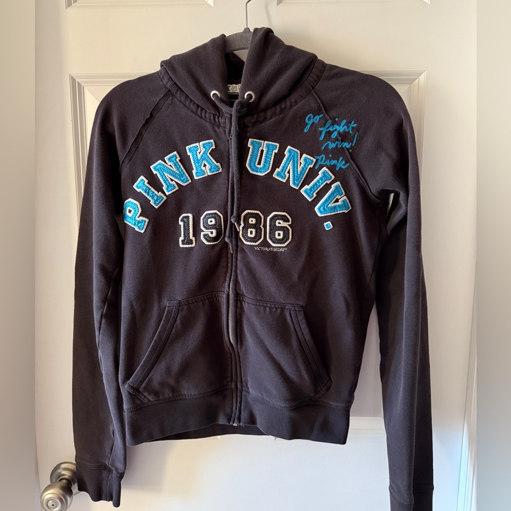PINK University Vintage Victoria's Secret Y2K Black with Blue Zippered Hoodie